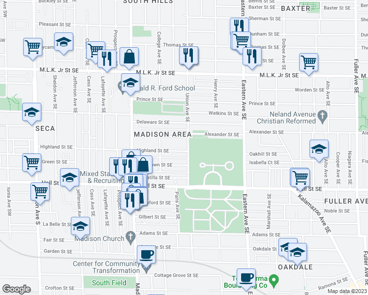 map of restaurants, bars, coffee shops, grocery stores, and more near 553 Highland Street Southeast in Grand Rapids