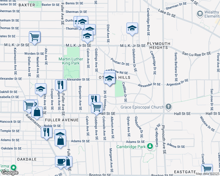 map of restaurants, bars, coffee shops, grocery stores, and more near 1050 Iroquois Drive Southeast in Grand Rapids