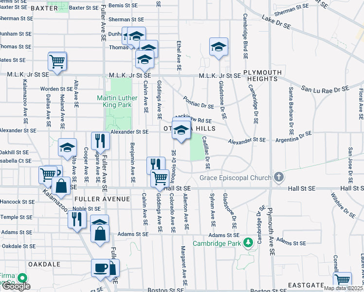 map of restaurants, bars, coffee shops, grocery stores, and more near 1050 Iroquois Drive Southeast in Grand Rapids