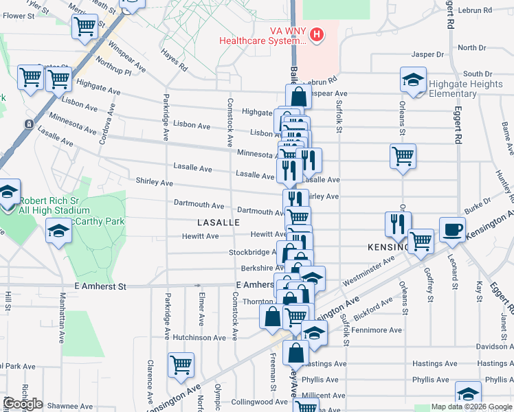 map of restaurants, bars, coffee shops, grocery stores, and more near 221 Dartmouth Avenue in Buffalo