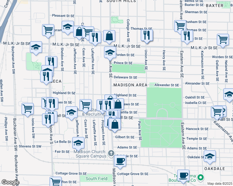 map of restaurants, bars, coffee shops, grocery stores, and more near 417 Highland Street Southeast in Grand Rapids