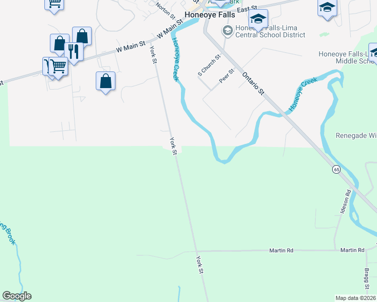 map of restaurants, bars, coffee shops, grocery stores, and more near 1005 York Street in Honeoye Falls