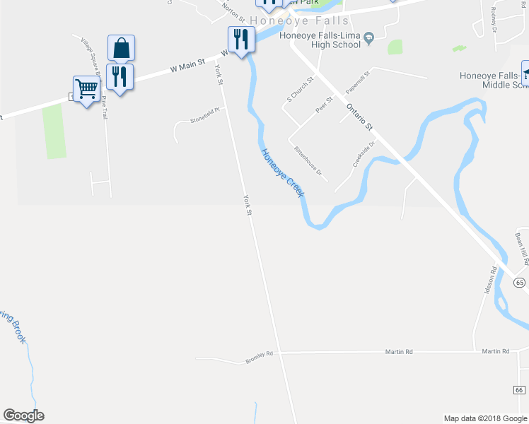 map of restaurants, bars, coffee shops, grocery stores, and more near 1005 York Street in Honeoye Falls