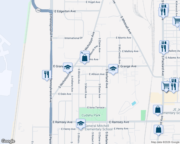 map of restaurants, bars, coffee shops, grocery stores, and more near 2940 East Allison Avenue in Cudahy