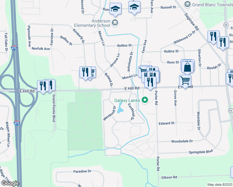 map of restaurants, bars, coffee shops, grocery stores, and more near 2120 East Hill Road in Grand Blanc