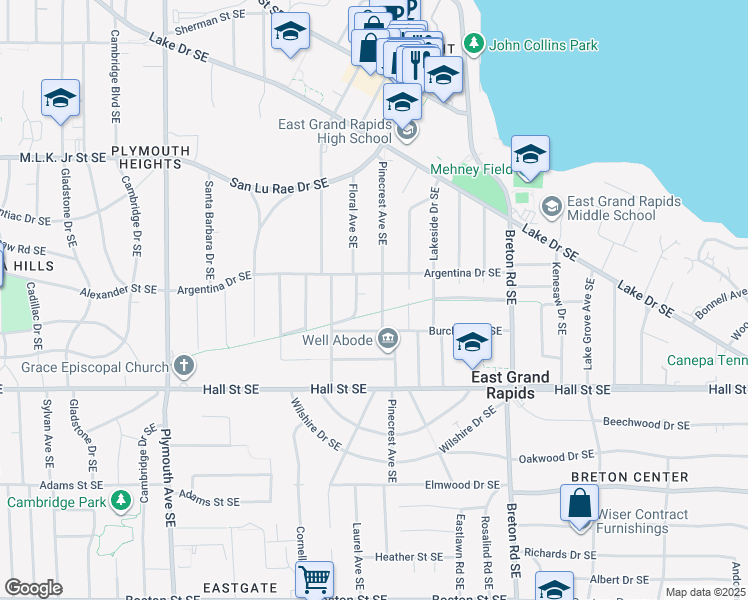 map of restaurants, bars, coffee shops, grocery stores, and more near 1038 Pinecrest Avenue Southeast in Grand Rapids