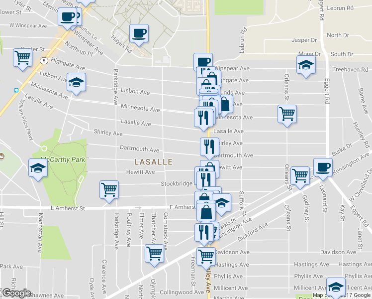 map of restaurants, bars, coffee shops, grocery stores, and more near 221 Dartmouth Avenue in Buffalo