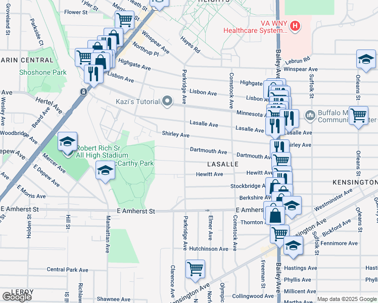 map of restaurants, bars, coffee shops, grocery stores, and more near 316 Parkridge Avenue in Buffalo
