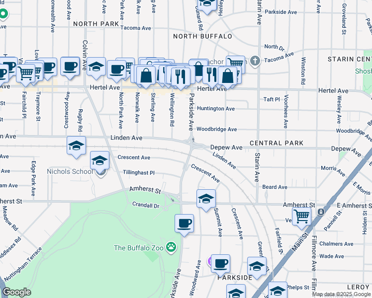 map of restaurants, bars, coffee shops, grocery stores, and more near 639 Crescent Avenue in Buffalo