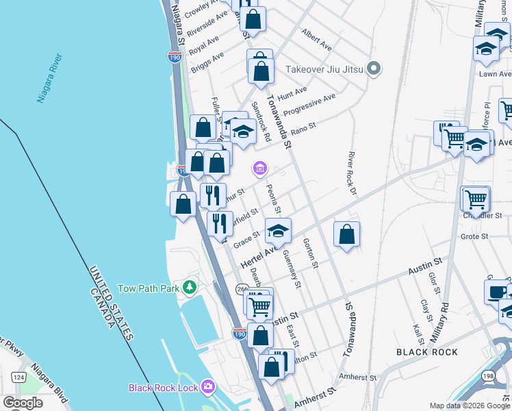 map of restaurants, bars, coffee shops, grocery stores, and more near 453 East Street in Buffalo