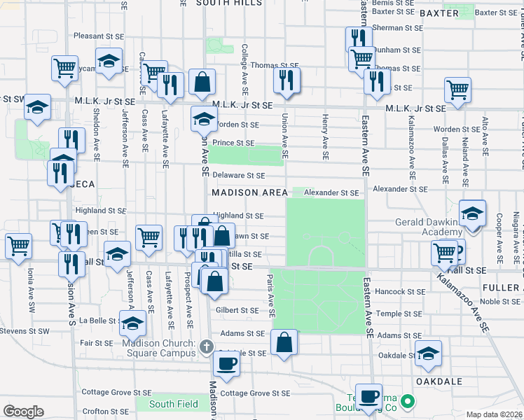 map of restaurants, bars, coffee shops, grocery stores, and more near 512 Highland Street Southeast in Grand Rapids