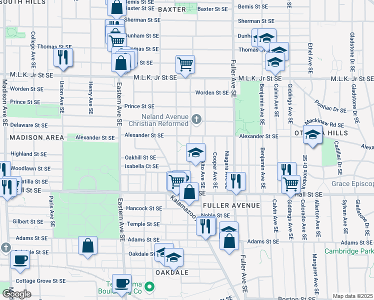 map of restaurants, bars, coffee shops, grocery stores, and more near 1010 Alexander Street Southeast in Grand Rapids