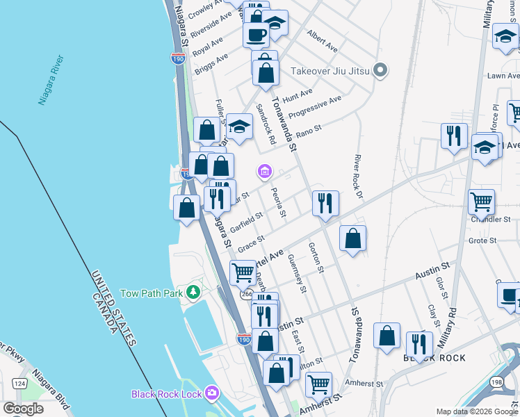 map of restaurants, bars, coffee shops, grocery stores, and more near 453 East Street in Buffalo