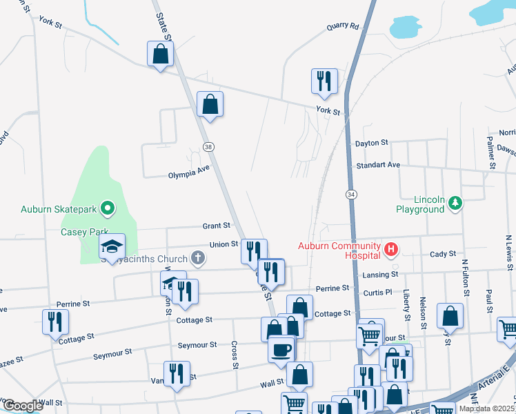 map of restaurants, bars, coffee shops, grocery stores, and more near 25 Chase Street in Auburn