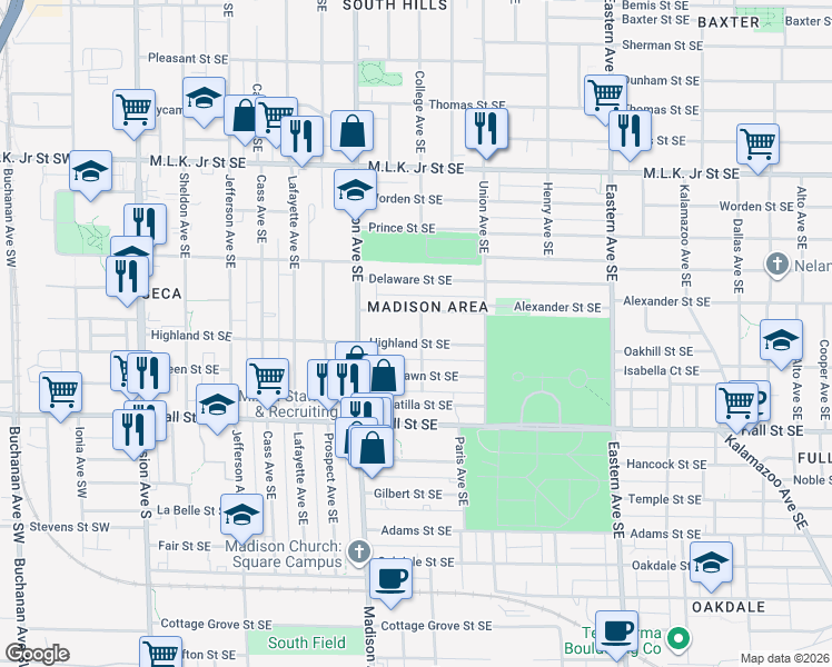 map of restaurants, bars, coffee shops, grocery stores, and more near 457 Highland Street Southeast in Grand Rapids
