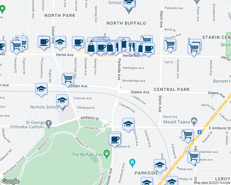 map of restaurants, bars, coffee shops, grocery stores, and more near 192 Linden Avenue in Buffalo