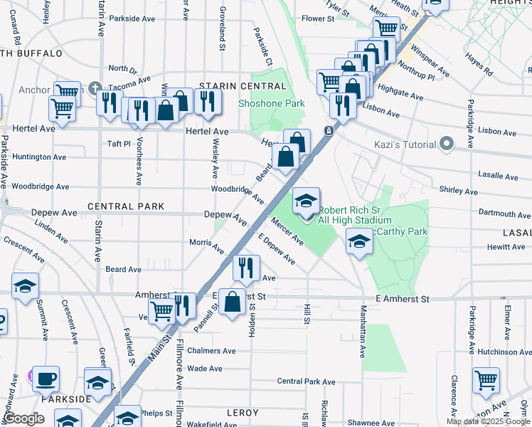map of restaurants, bars, coffee shops, grocery stores, and more near Main Street & Mercer Avenue in Buffalo