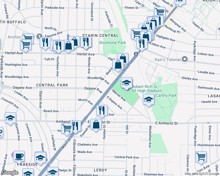 map of restaurants, bars, coffee shops, grocery stores, and more near Mercer Avenue & New York State Bicycle Route 517 in Buffalo