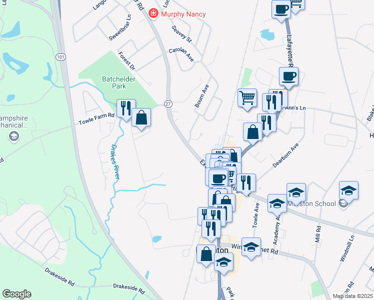 map of restaurants, bars, coffee shops, grocery stores, and more near 38 Exeter Road in Hampton