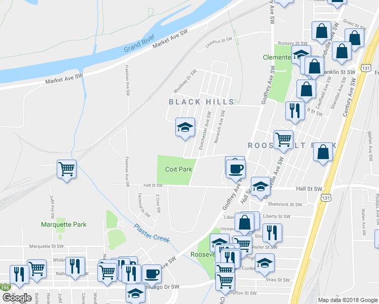 map of restaurants, bars, coffee shops, grocery stores, and more near in Grand Rapids
