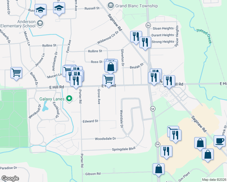 map of restaurants, bars, coffee shops, grocery stores, and more near 6036 Lincoln Boulevard in Grand Blanc