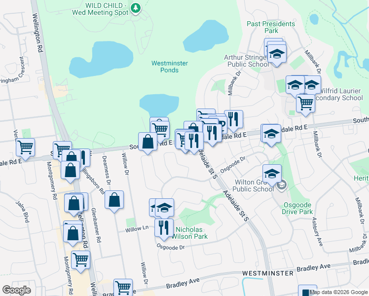 map of restaurants, bars, coffee shops, grocery stores, and more near 769 Southdale Road East in London