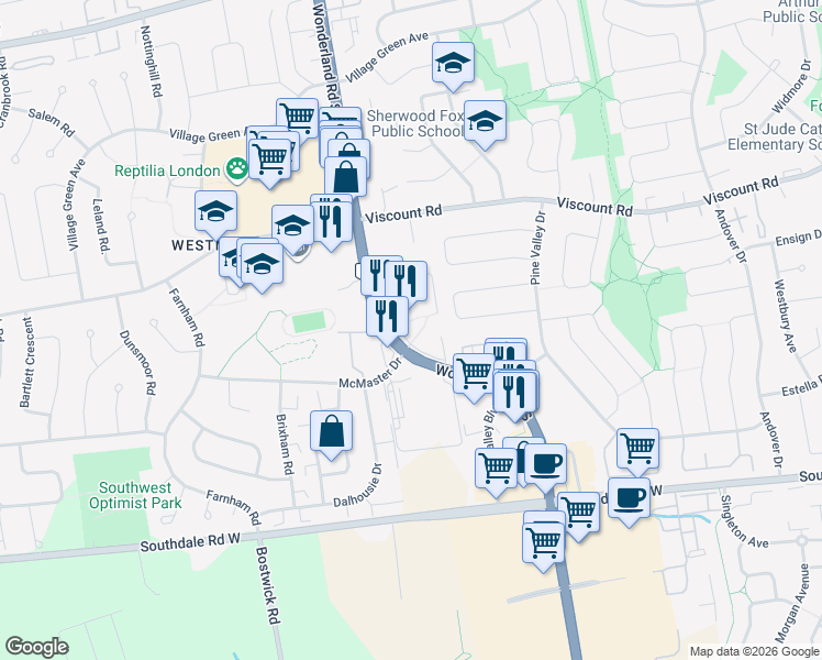 map of restaurants, bars, coffee shops, grocery stores, and more near 922 Wonderland Road South in London