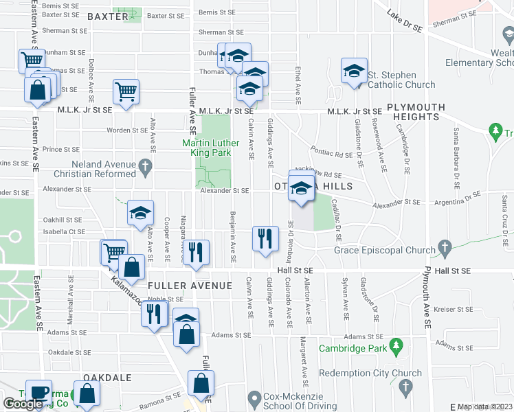 map of restaurants, bars, coffee shops, grocery stores, and more near 1022 Calvin Avenue Southeast in Grand Rapids