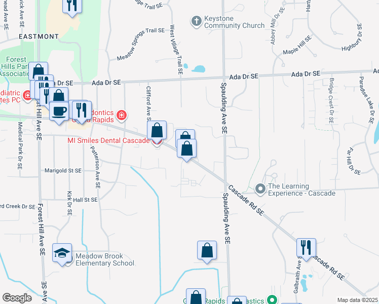 map of restaurants, bars, coffee shops, grocery stores, and more near 5075 Ada Place Drive Southeast in Grand Rapids