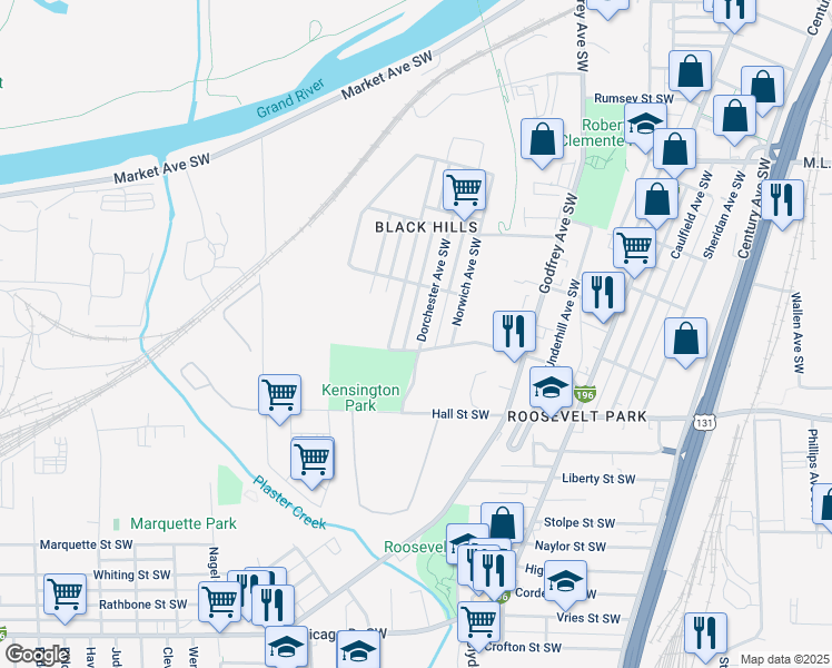 map of restaurants, bars, coffee shops, grocery stores, and more near 1047 Dorchester Avenue Southwest in Grand Rapids