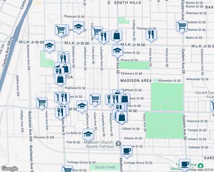 map of restaurants, bars, coffee shops, grocery stores, and more near 320 Highland Street Southeast in Grand Rapids