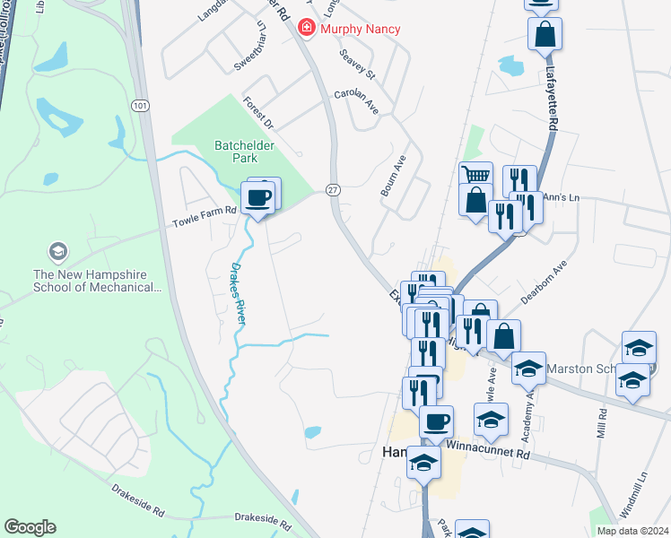 map of restaurants, bars, coffee shops, grocery stores, and more near 52 Exeter Road in Hampton