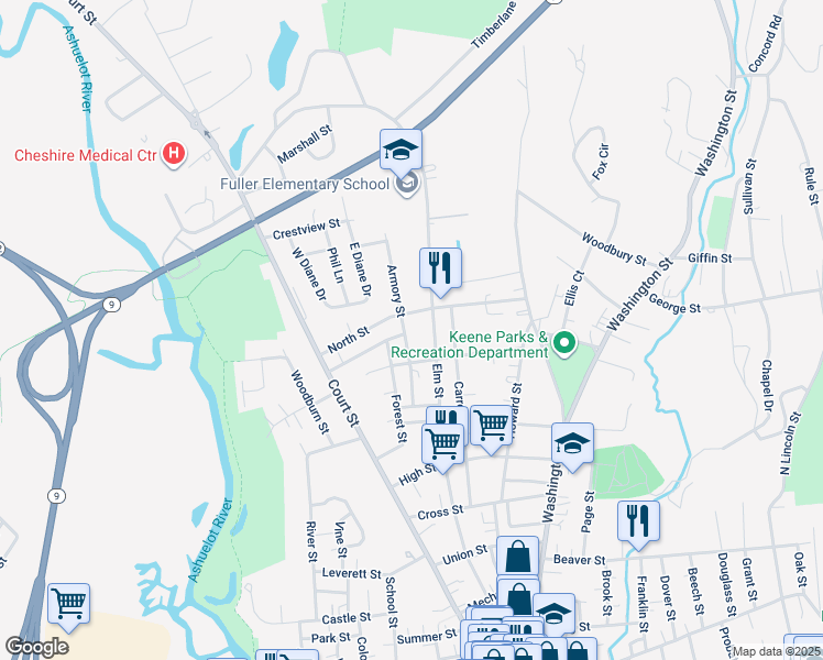 map of restaurants, bars, coffee shops, grocery stores, and more near 51 Armory Street in Keene