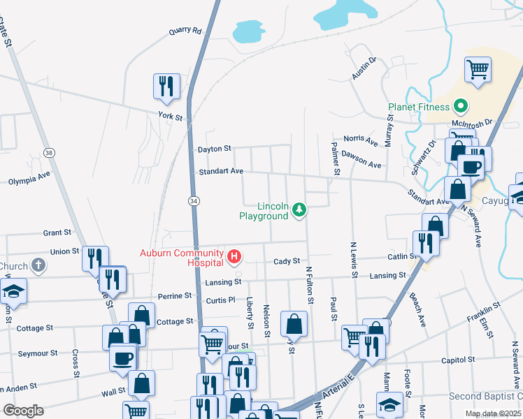 map of restaurants, bars, coffee shops, grocery stores, and more near 9 Peacock Street in Auburn