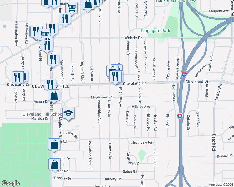map of restaurants, bars, coffee shops, grocery stores, and more near 249 South Huxley Drive in Buffalo