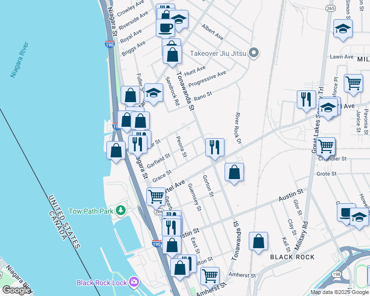 map of restaurants, bars, coffee shops, grocery stores, and more near 16 Peoria Street in Buffalo