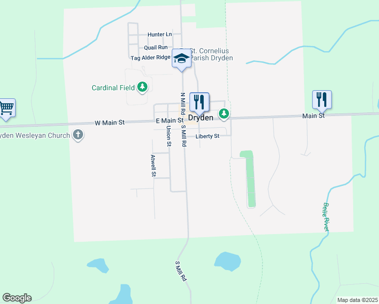 map of restaurants, bars, coffee shops, grocery stores, and more near 4104 South Mill Road in Dryden