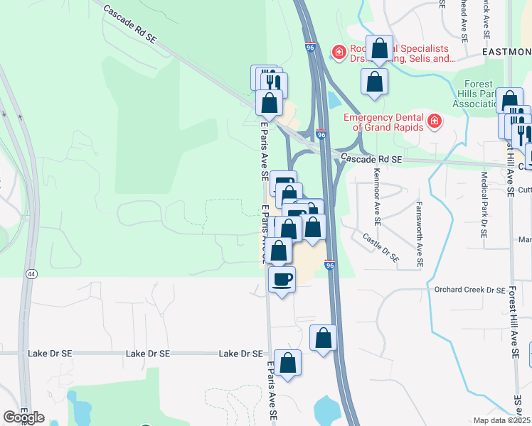 map of restaurants, bars, coffee shops, grocery stores, and more near 1040-1072 East Paris Avenue Southeast in Grand Rapids