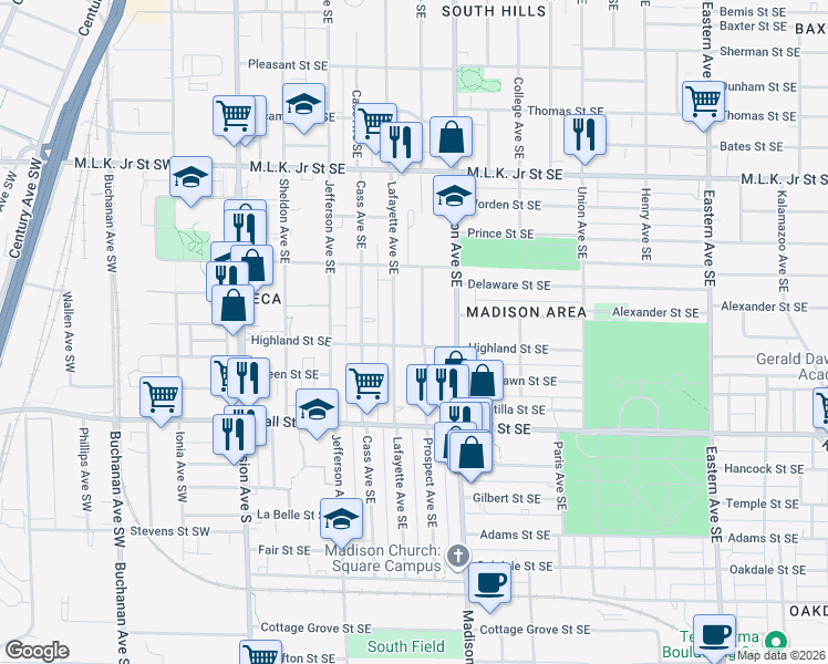 map of restaurants, bars, coffee shops, grocery stores, and more near 320 Highland Street Southeast in Grand Rapids