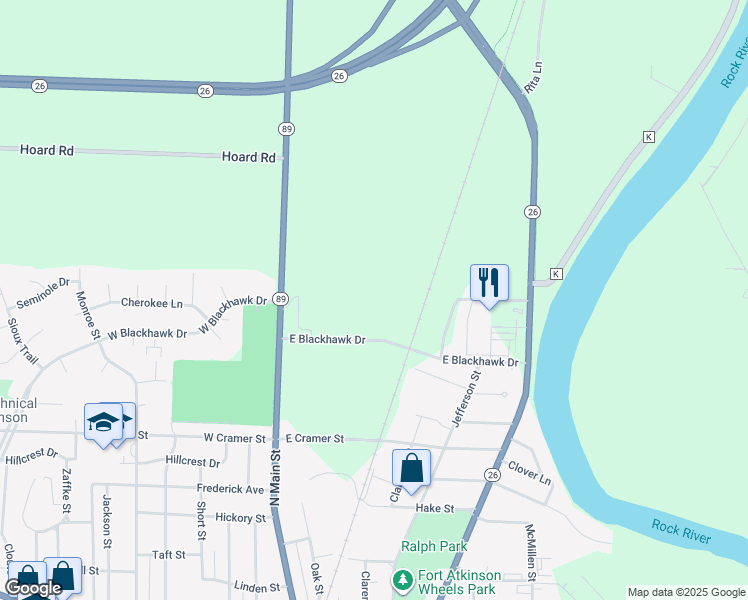 map of restaurants, bars, coffee shops, grocery stores, and more near 105 East Blackhawk Drive in Fort Atkinson