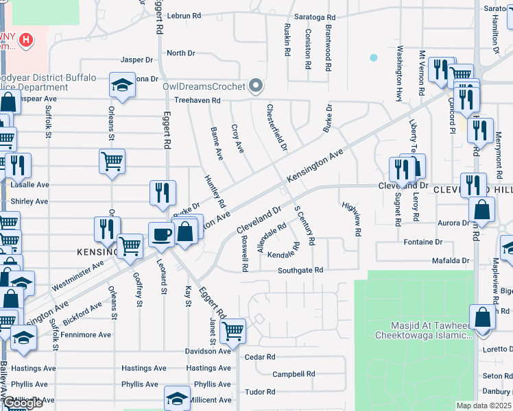 map of restaurants, bars, coffee shops, grocery stores, and more near 1587 Kensington Avenue in Buffalo