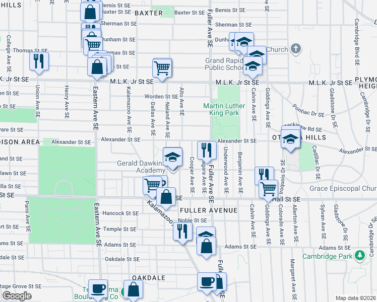 map of restaurants, bars, coffee shops, grocery stores, and more near 1039 Cooper Avenue Southeast in Grand Rapids