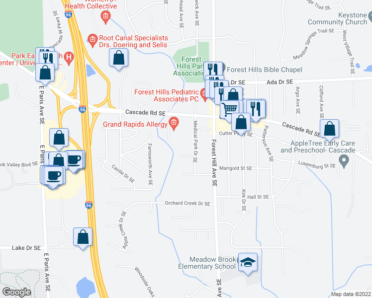 map of restaurants, bars, coffee shops, grocery stores, and more near 1055 Medical Park Drive Southeast in Grand Rapids