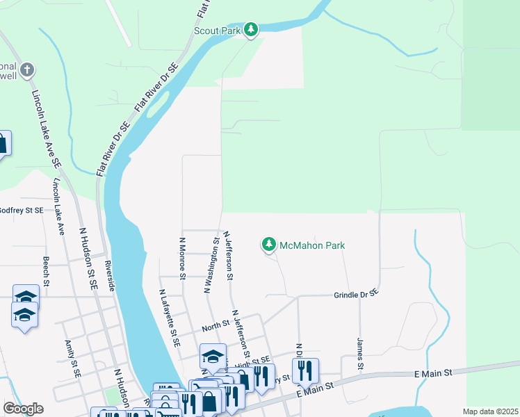 map of restaurants, bars, coffee shops, grocery stores, and more near in Lowell