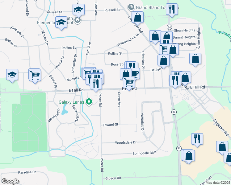 map of restaurants, bars, coffee shops, grocery stores, and more near 6030 Grove Avenue in Grand Blanc