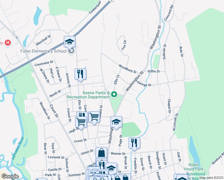 map of restaurants, bars, coffee shops, grocery stores, and more near 312 Washington Street in Keene