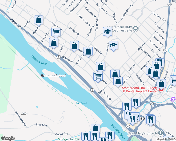 map of restaurants, bars, coffee shops, grocery stores, and more near 208 West Main Street in Amsterdam