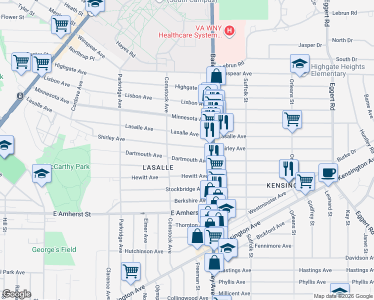 map of restaurants, bars, coffee shops, grocery stores, and more near 221 Dartmouth Avenue in Buffalo