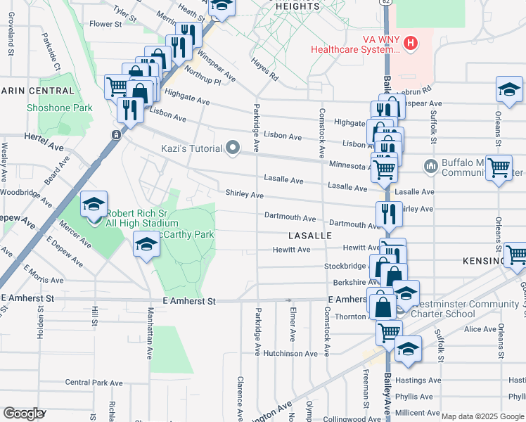 map of restaurants, bars, coffee shops, grocery stores, and more near 316 Parkridge Avenue in Buffalo