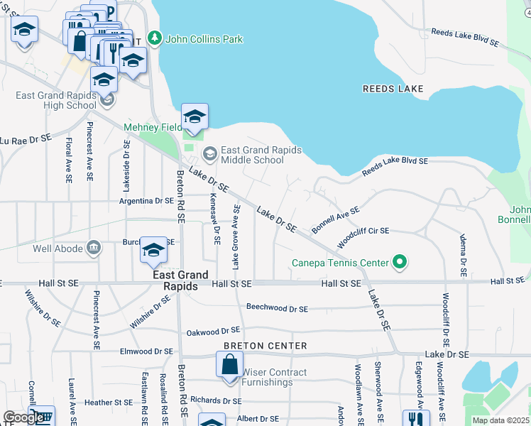map of restaurants, bars, coffee shops, grocery stores, and more near 1042 Eastwood Avenue Southeast in Grand Rapids